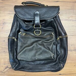 Vtg Frye Black Leather Backpack Drawstring &‎ Strap Flap Magnetic Closure Moto